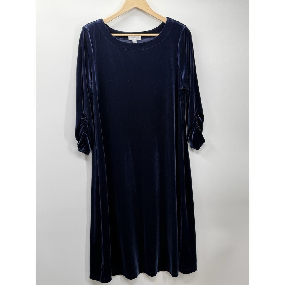 Susan Graver L Velvet Dress Navy Midi Ruched Sleeve Stretch Elegant Soft